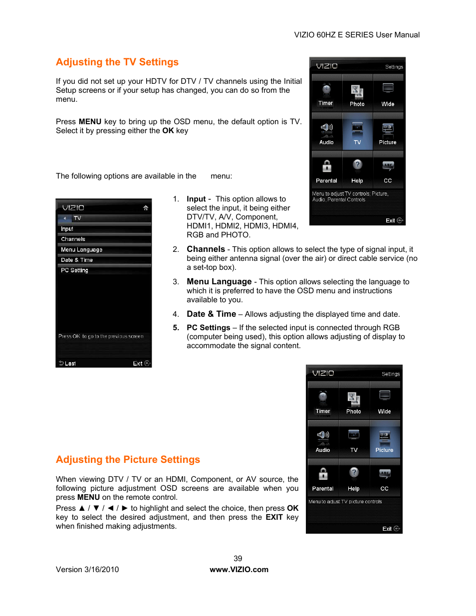 Adjusting the tv settings, Adjusting the picture settings | Vizio E321VA User Manual | Page 39 / 88