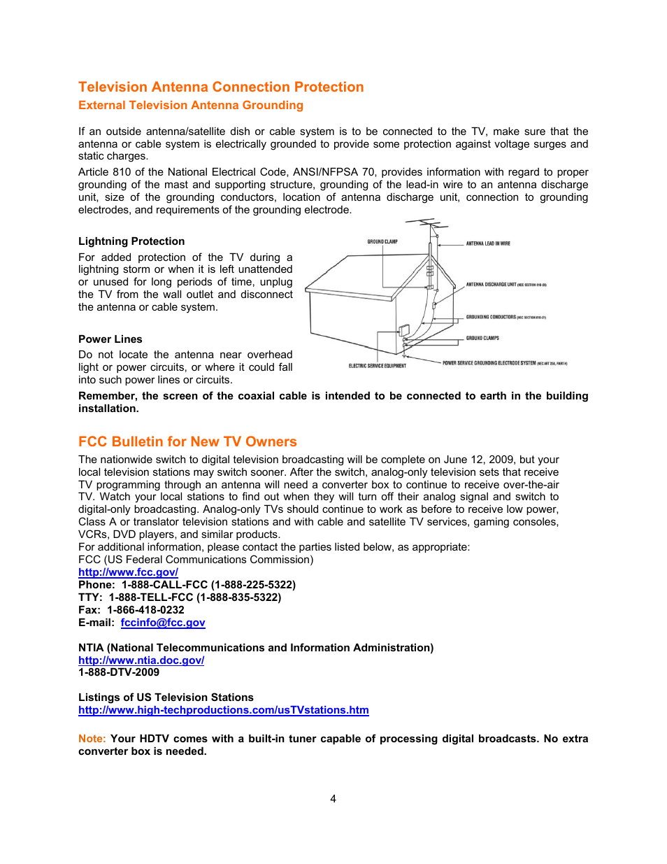 Television antenna connection protection, Fcc bulletin for new tv owners | Vizio E321VA User Manual | Page 4 / 88