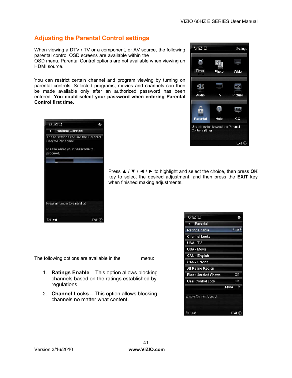 Adjusting the parental control settings | Vizio E321VA User Manual | Page 41 / 88