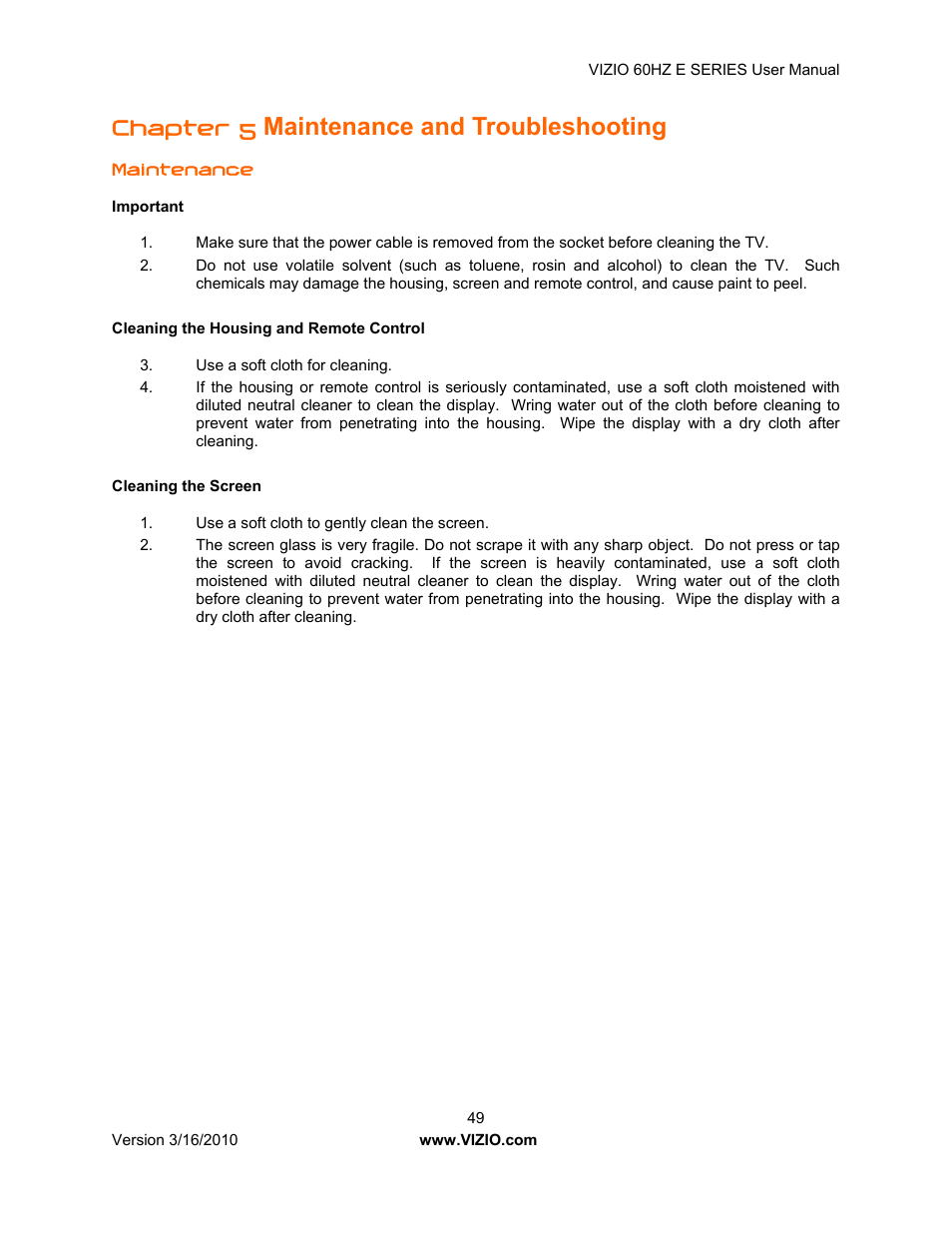 Maintenance and troubleshooting, Chapter 5 | Vizio E321VA User Manual | Page 49 / 88