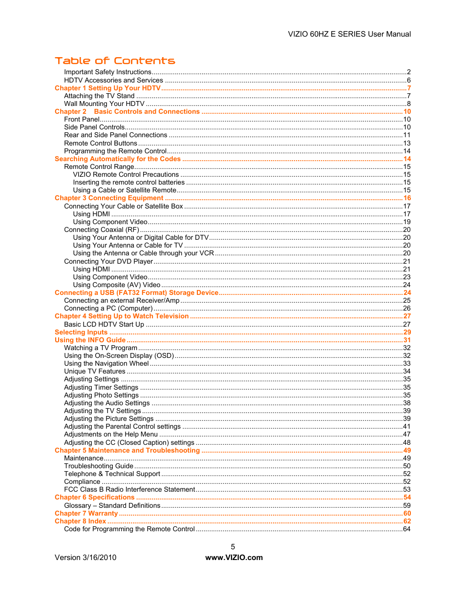 Vizio E321VA User Manual | Page 5 / 88