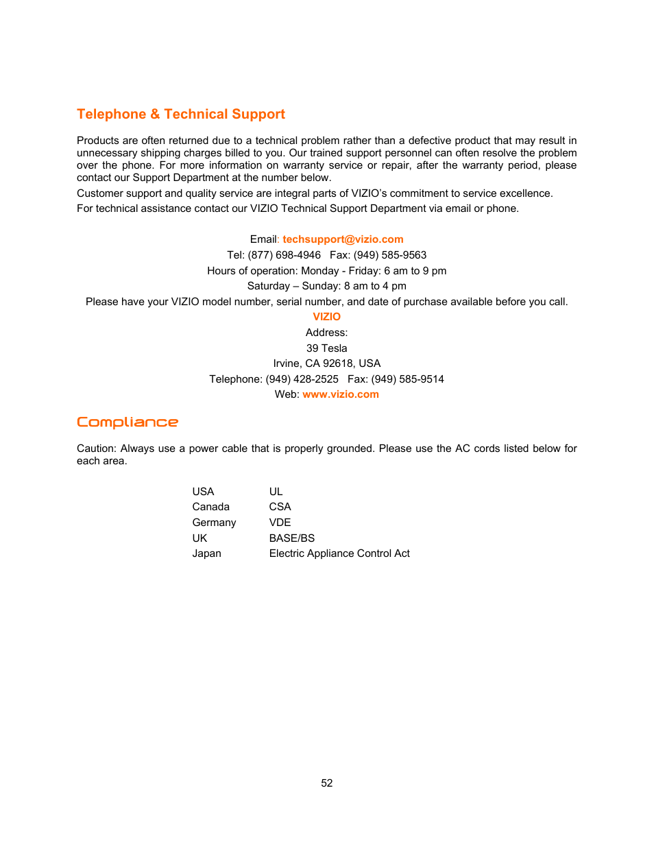 Telephone & technical support, Compliance | Vizio E321VA User Manual | Page 52 / 88