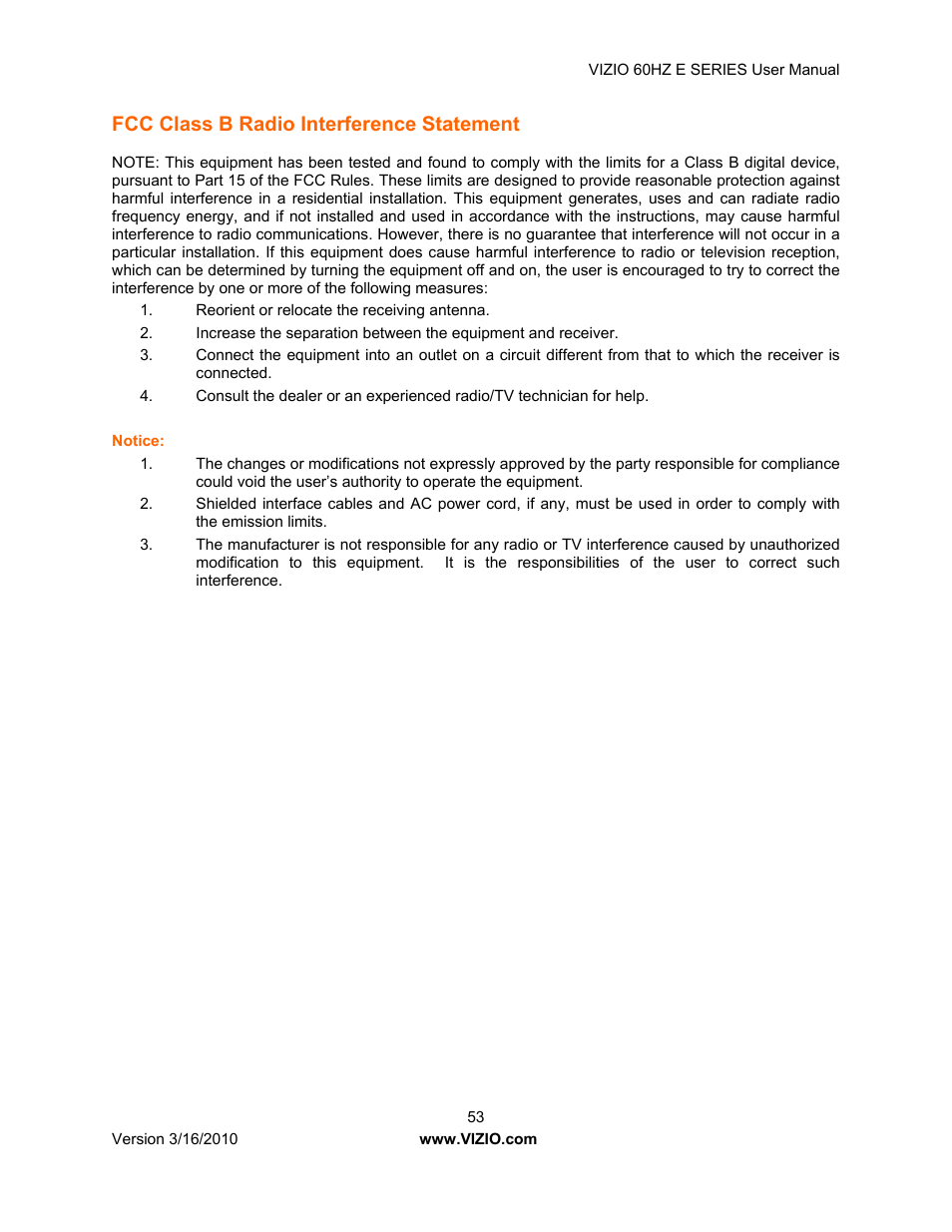 Fcc class b radio interference statement | Vizio E321VA User Manual | Page 53 / 88
