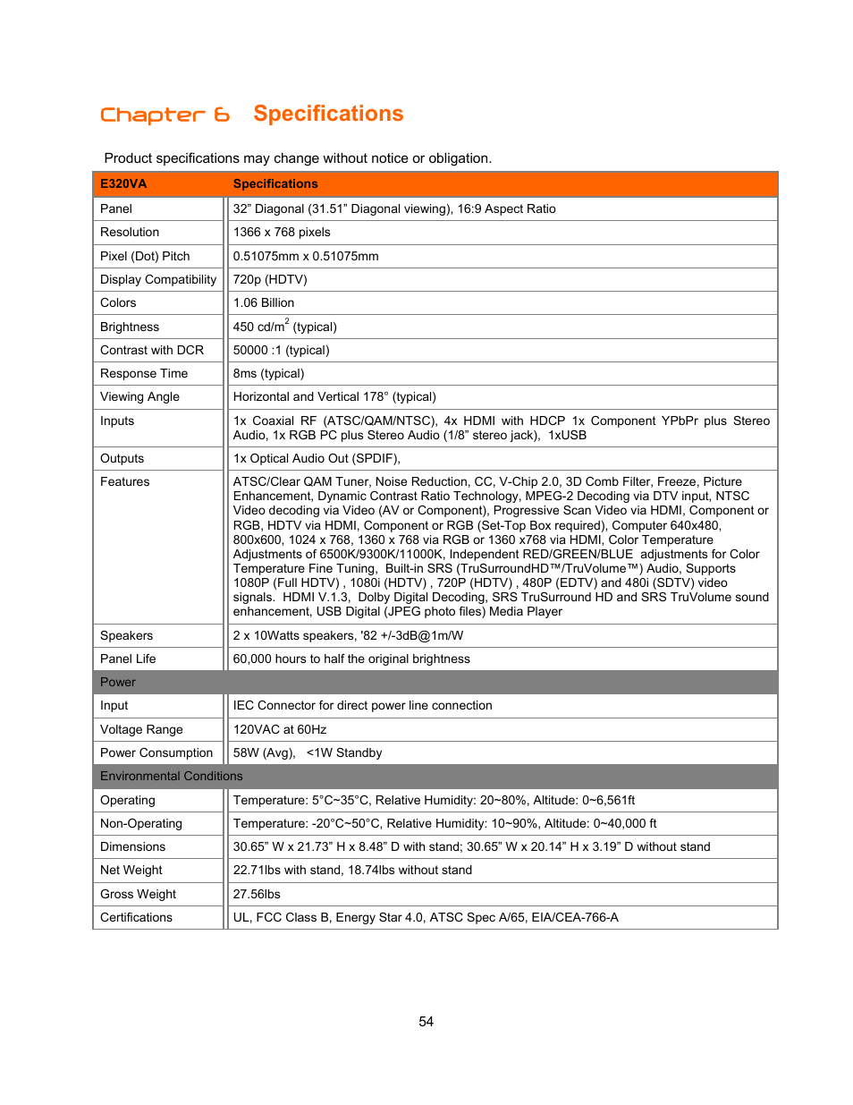 Specifications, Chapter 6 | Vizio E321VA User Manual | Page 54 / 88