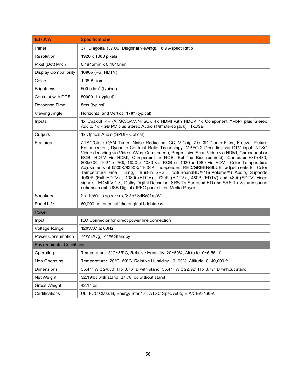 Vizio E321VA User Manual | Page 56 / 88