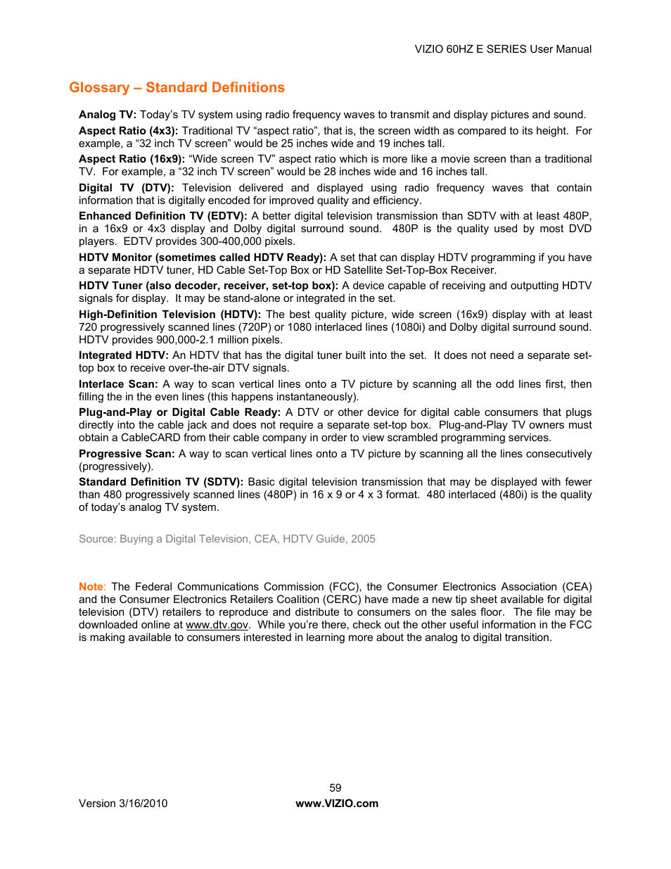 Glossary – standard definitions | Vizio E321VA User Manual | Page 59 / 88