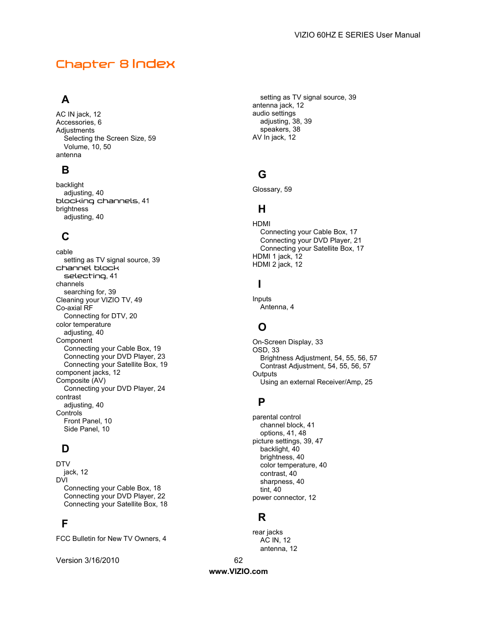 Index, Chapter 8 | Vizio E321VA User Manual | Page 62 / 88
