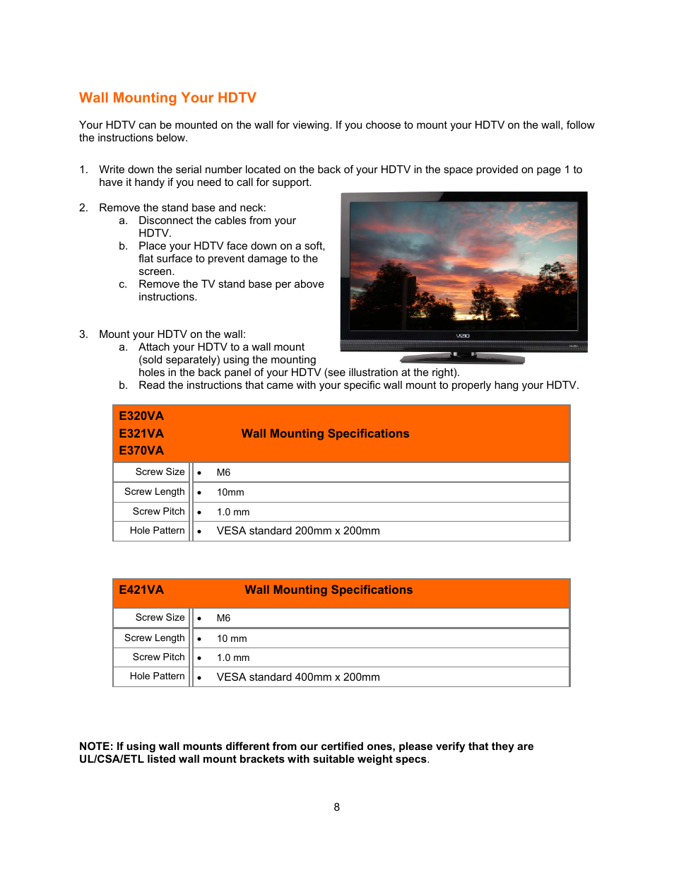 Wall mounting your hdtv | Vizio E321VA User Manual | Page 8 / 88