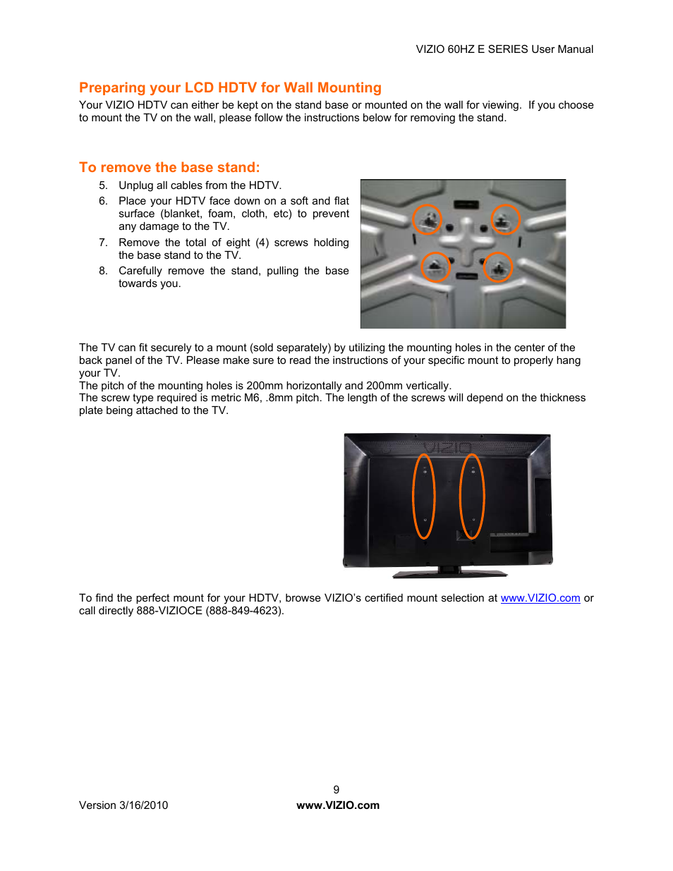 Preparing your lcd hdtv for wall mounting | Vizio E321VA User Manual | Page 9 / 88