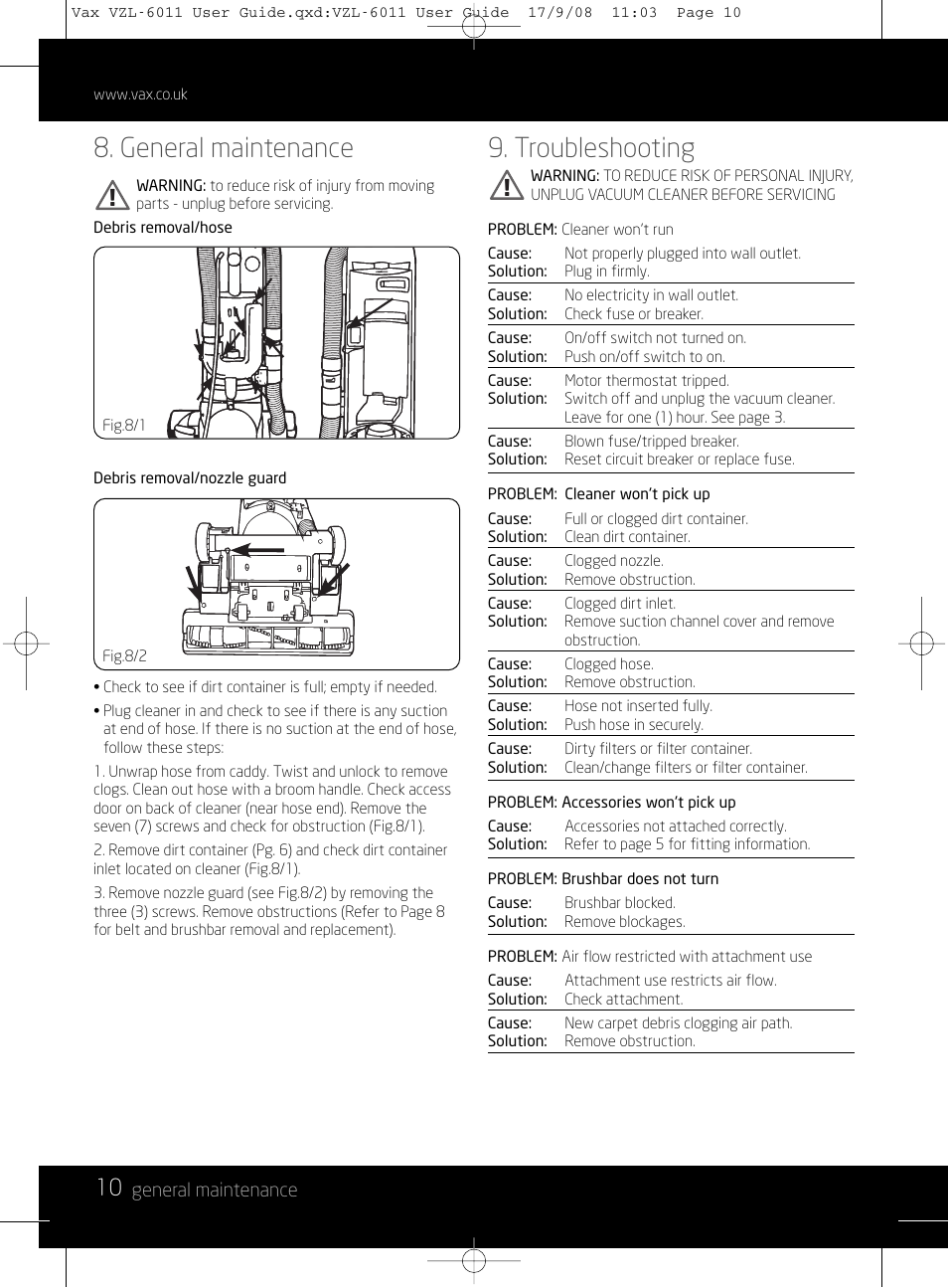General maintenance, Troubleshooting | Vizio MACH 1 VZL-6011 User Manual | Page 10 / 12