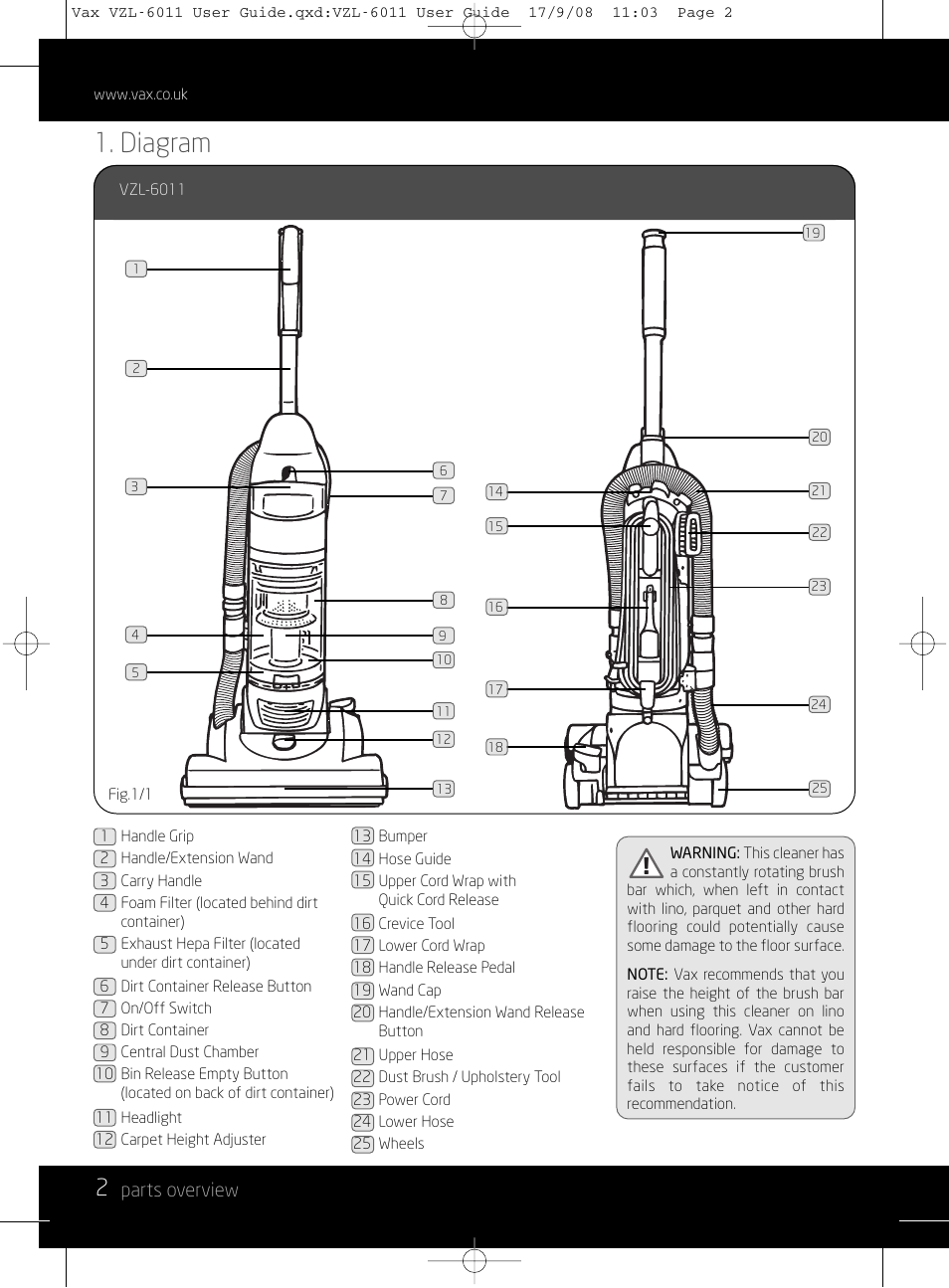 Diagram, Parts overview | Vizio MACH 1 VZL-6011 User Manual | Page 2 / 12