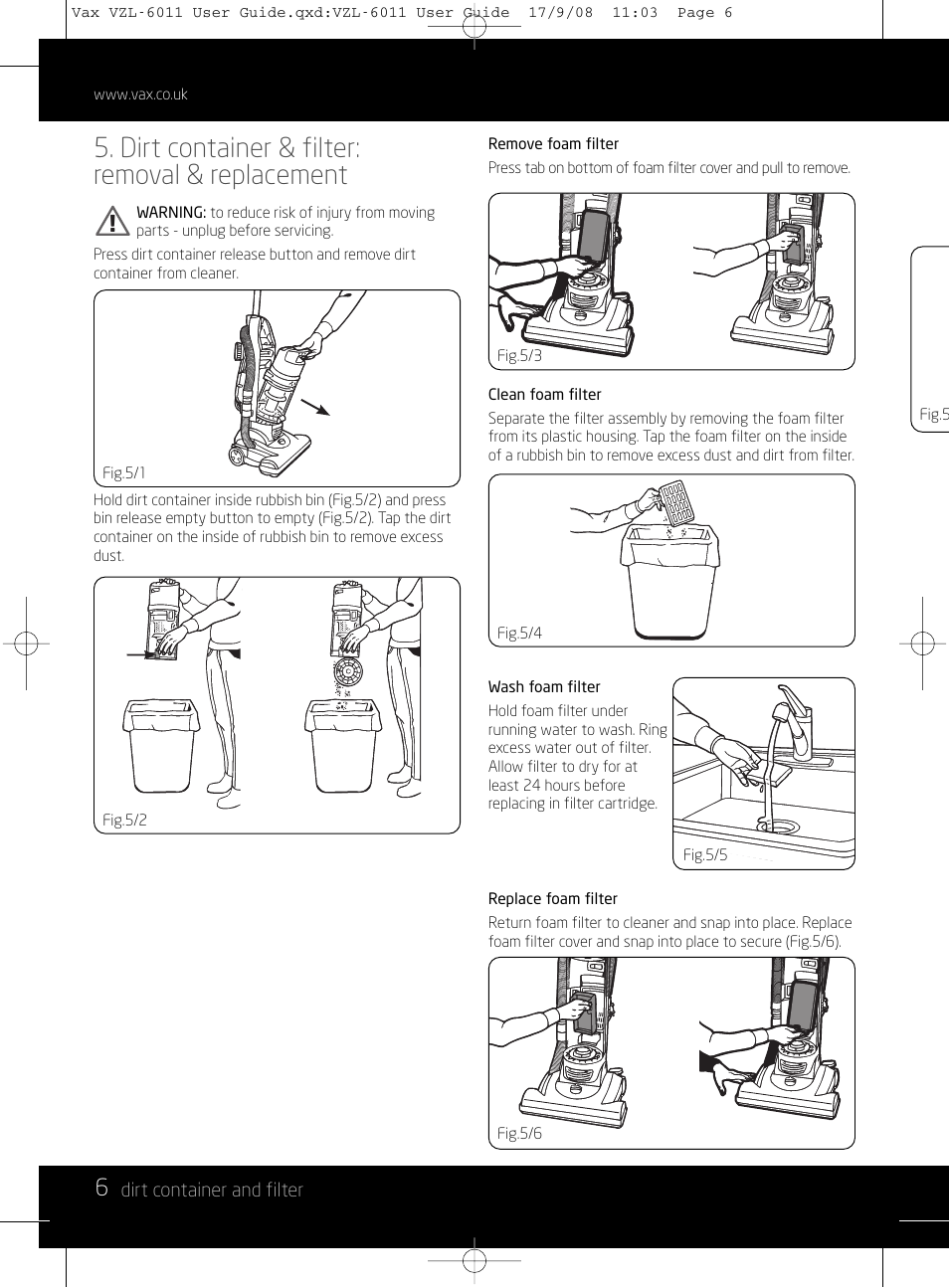 Dirt container & filter: removal & replacement | Vizio MACH 1 VZL-6011 User Manual | Page 6 / 12