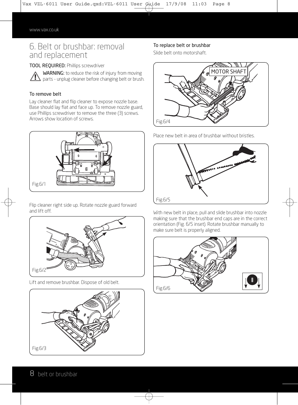 Belt or brushbar: removal and replacement | Vizio MACH 1 VZL-6011 User Manual | Page 8 / 12