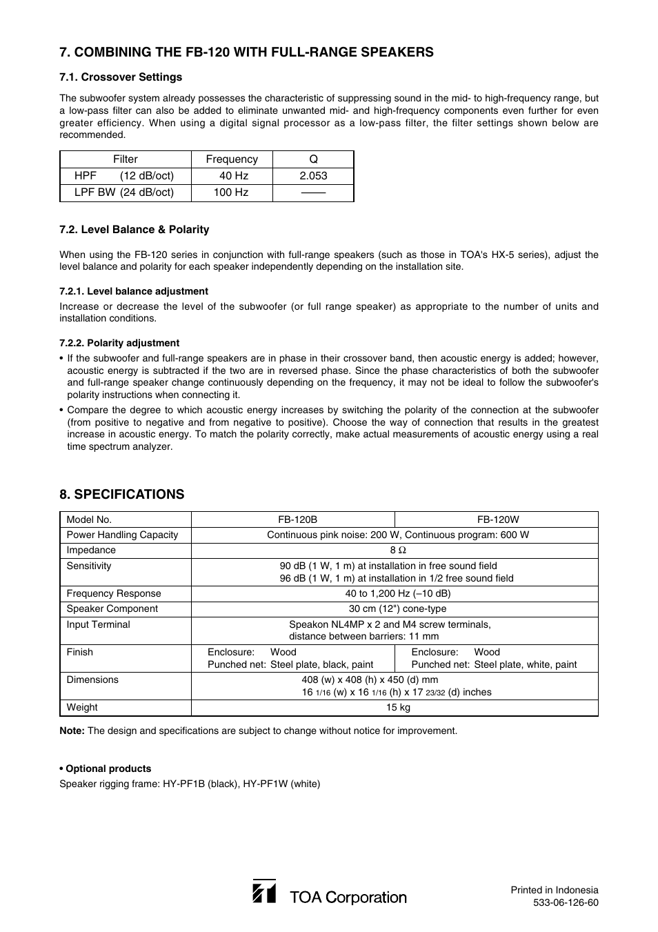 Combining the fb-120 with full-range speakers, Specifications | Vizio FB-120B User Manual | Page 4 / 4