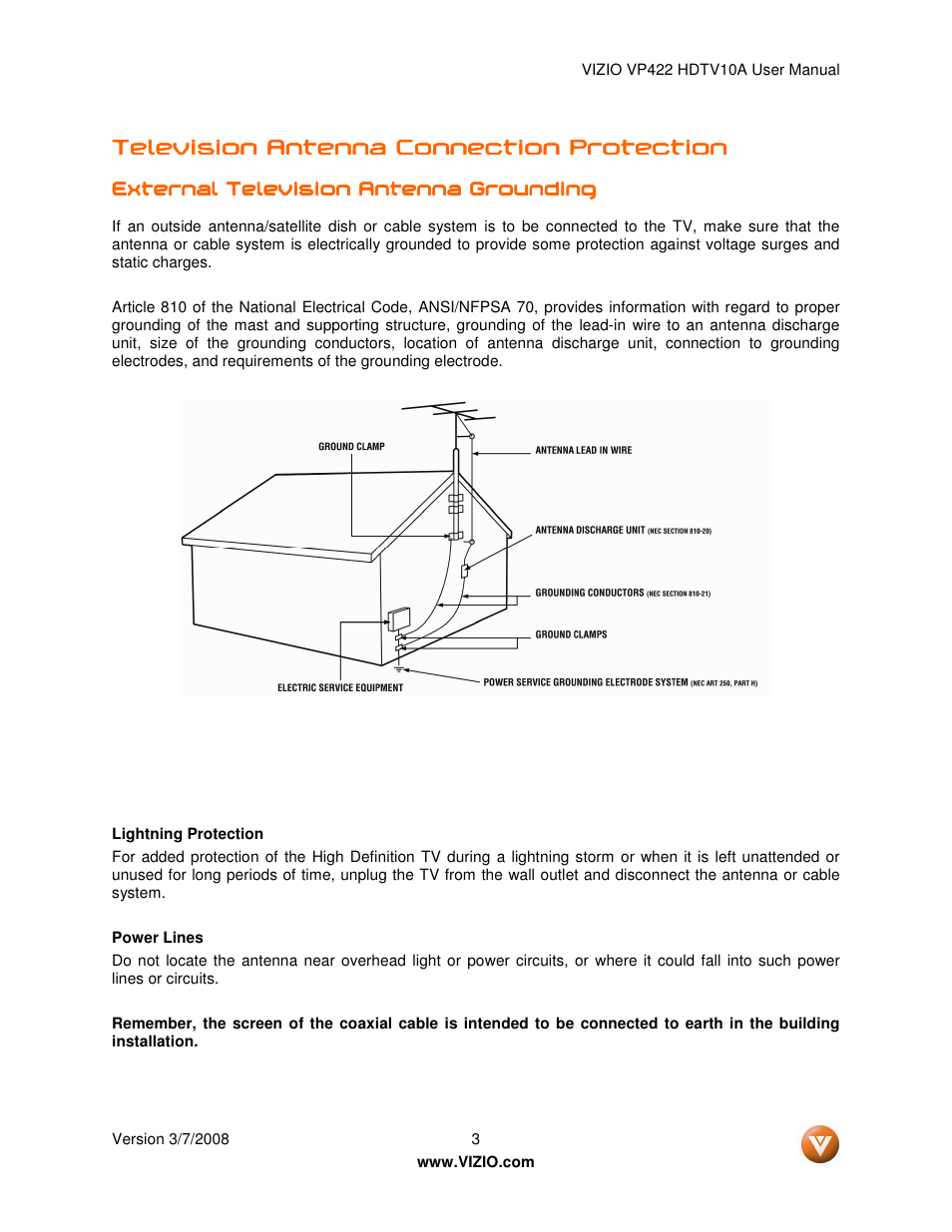 Television antenna connection protection | Vizio VP422 User Manual | Page 3 / 70