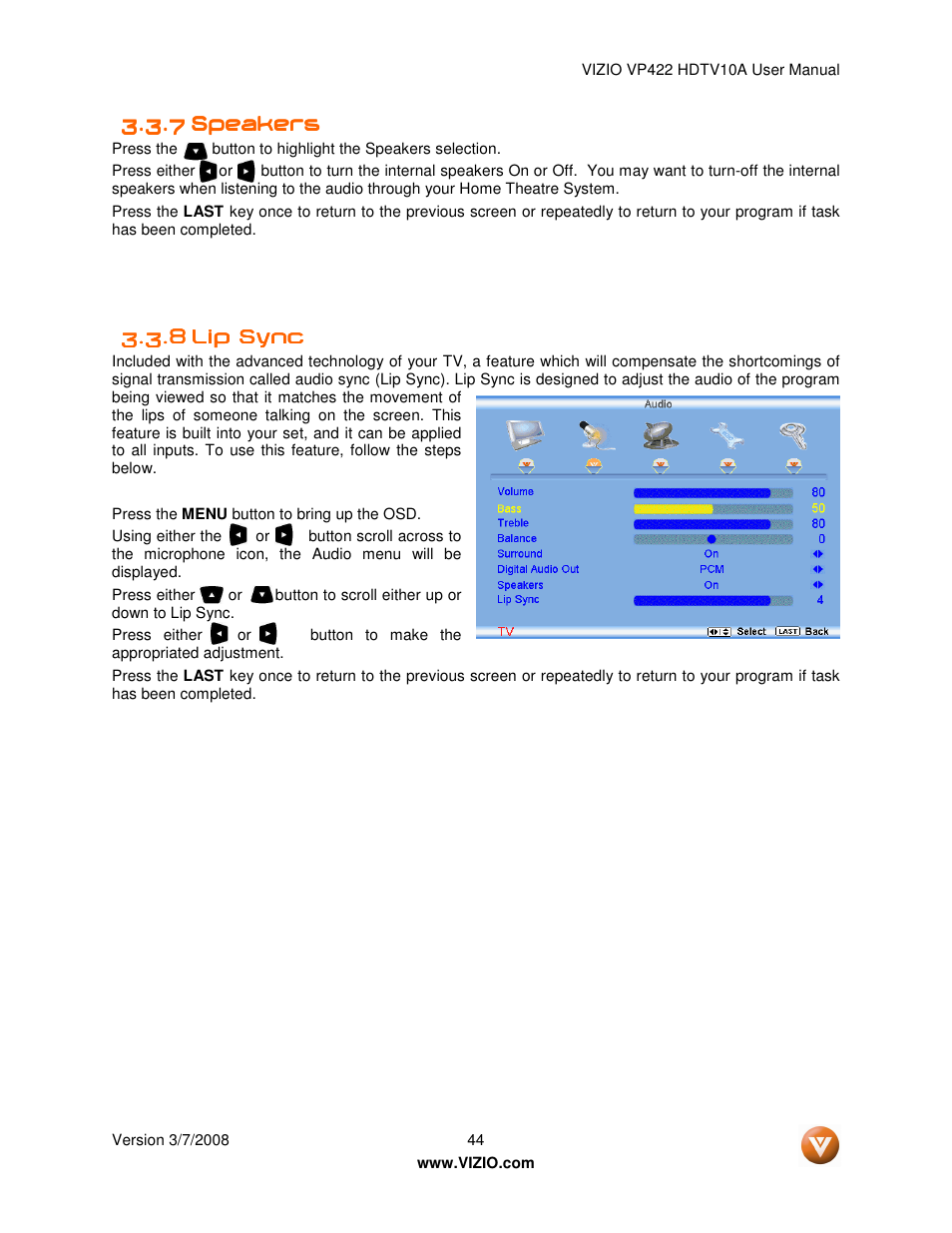 Vizio VP422 User Manual | Page 44 / 70