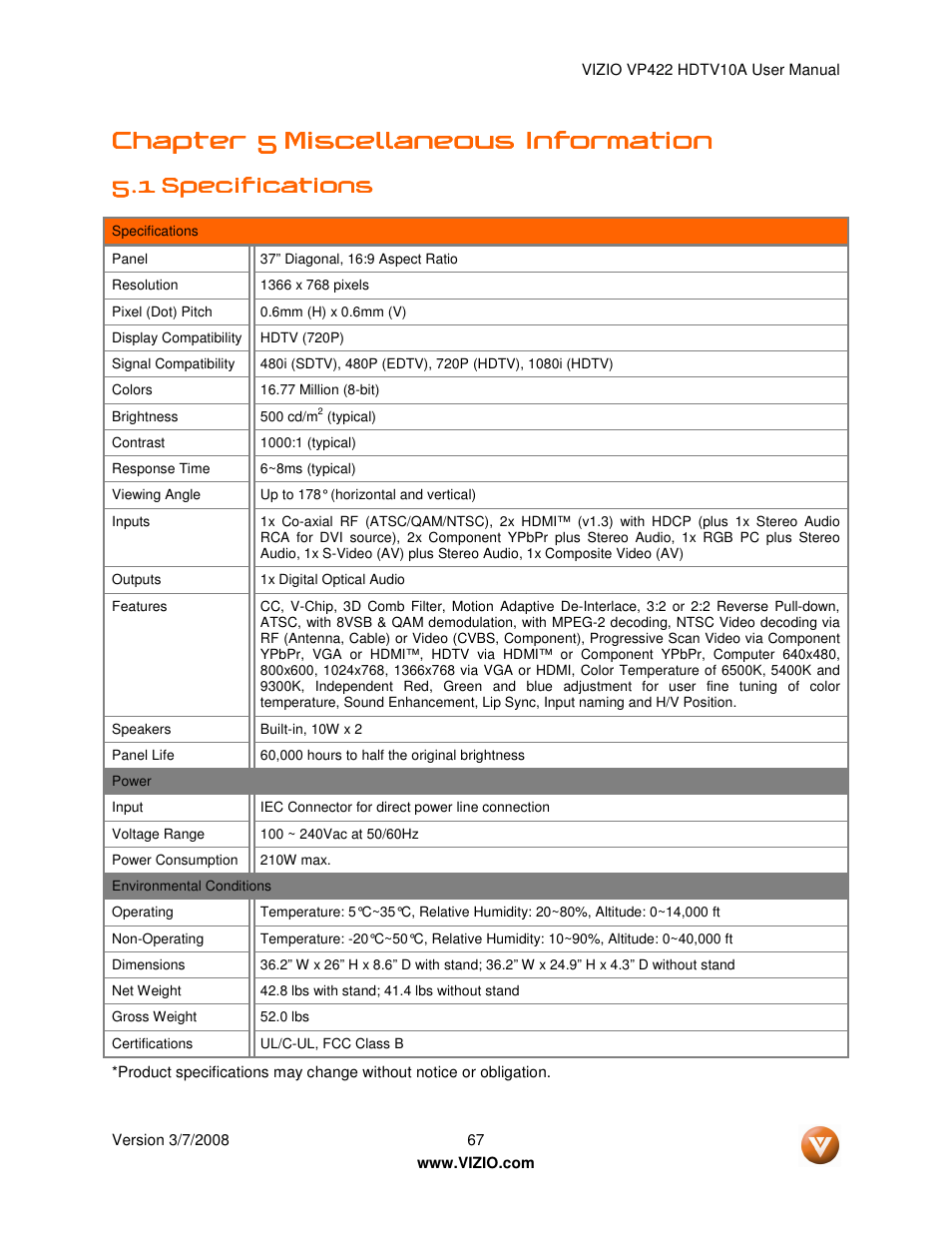 Chapter 5 | Vizio VP422 User Manual | Page 67 / 70
