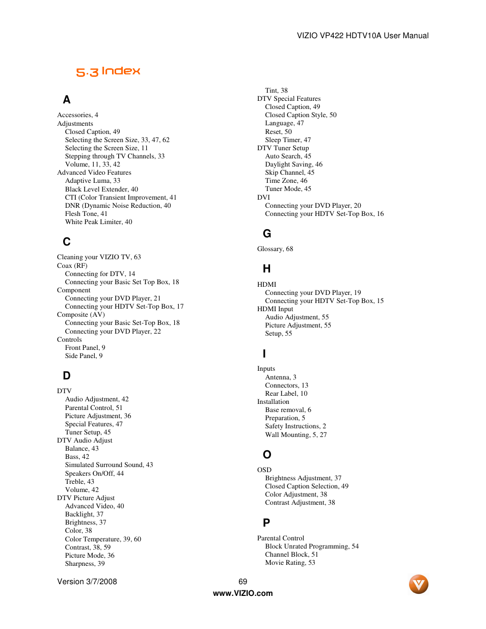 3 index index index index a | Vizio VP422 User Manual | Page 69 / 70