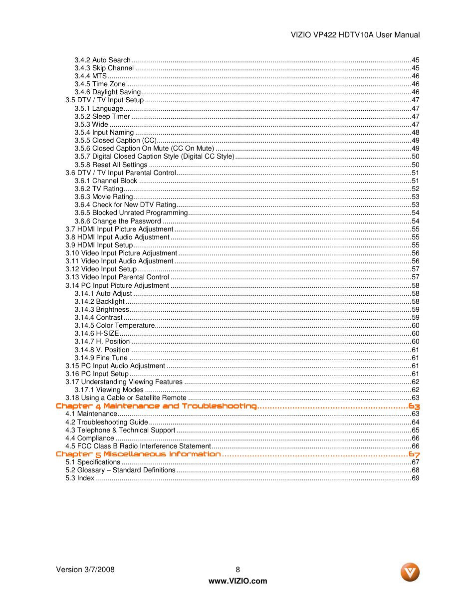 Vizio VP422 User Manual | Page 8 / 70