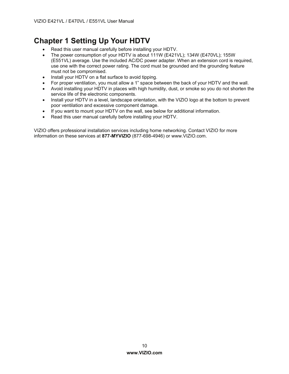 Chapter 1 setting up your hdtv | Vizio E421VL User Manual | Page 11 / 69