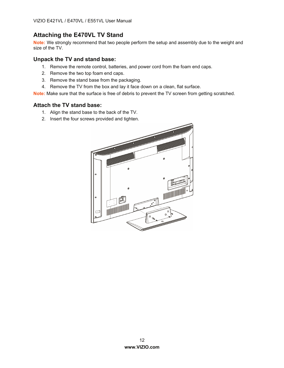 Attaching the e470vl tv stand | Vizio E421VL User Manual | Page 13 / 69