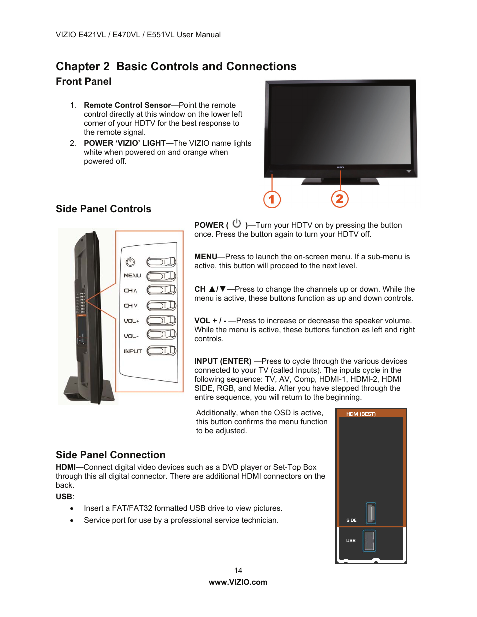 Chapter 2 basic controls and connections, Front panel, Side panel controls | Side panel connection | Vizio E421VL User Manual | Page 15 / 69