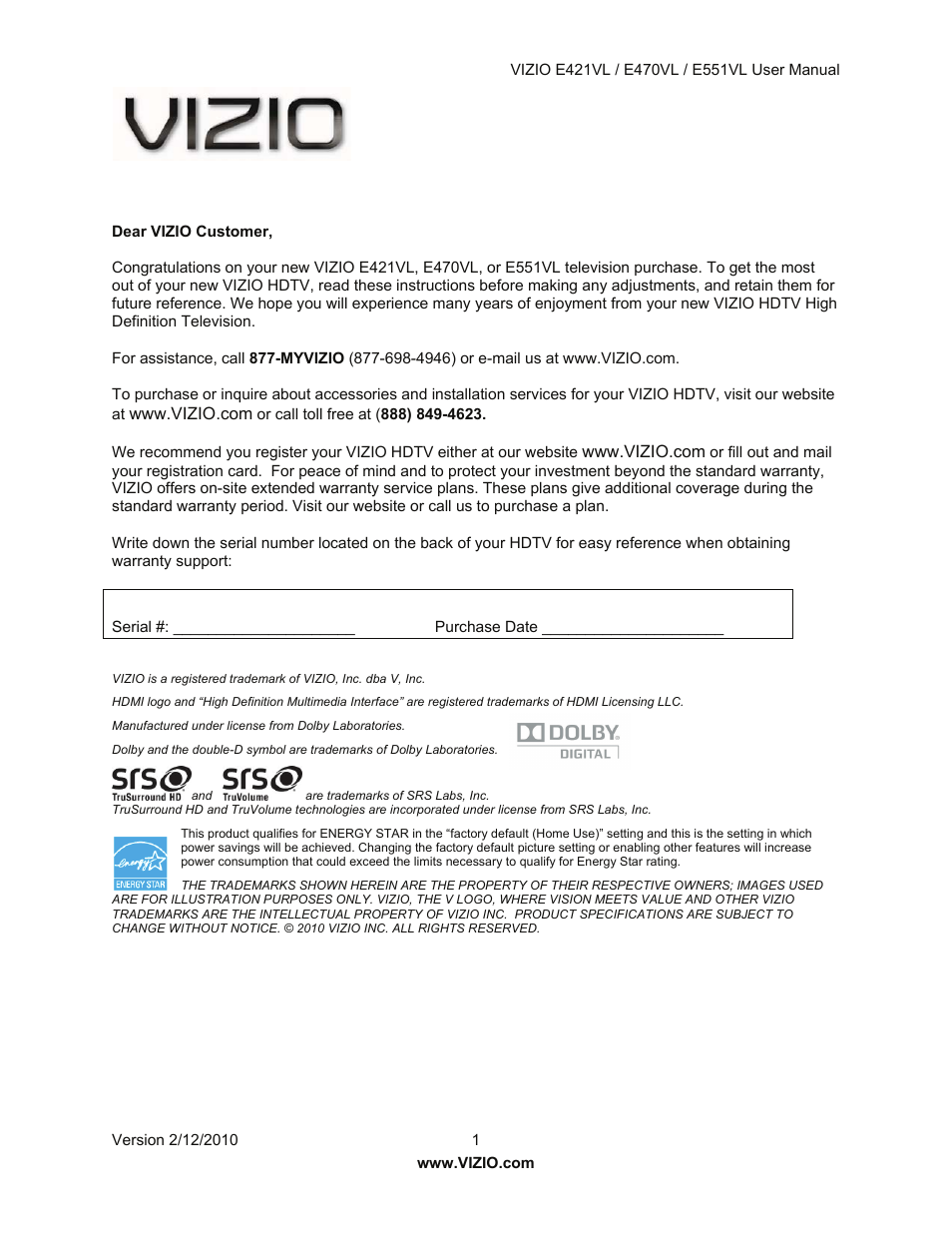 Vizio E421VL User Manual | Page 2 / 69