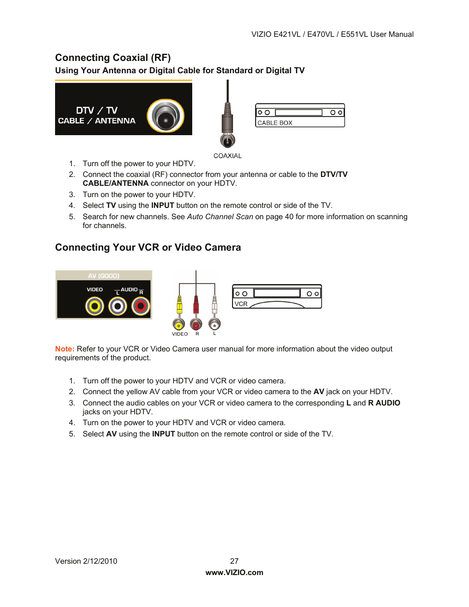Connecting coaxial (rf), Connecting your vcr or video camera | Vizio E421VL User Manual | Page 28 / 69