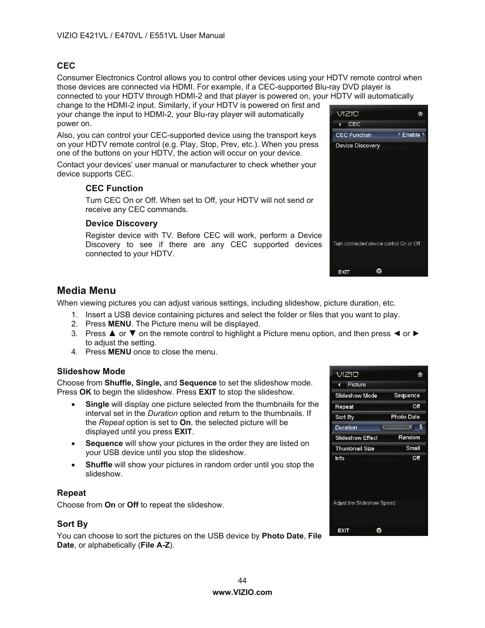 Media menu | Vizio E421VL User Manual | Page 45 / 69