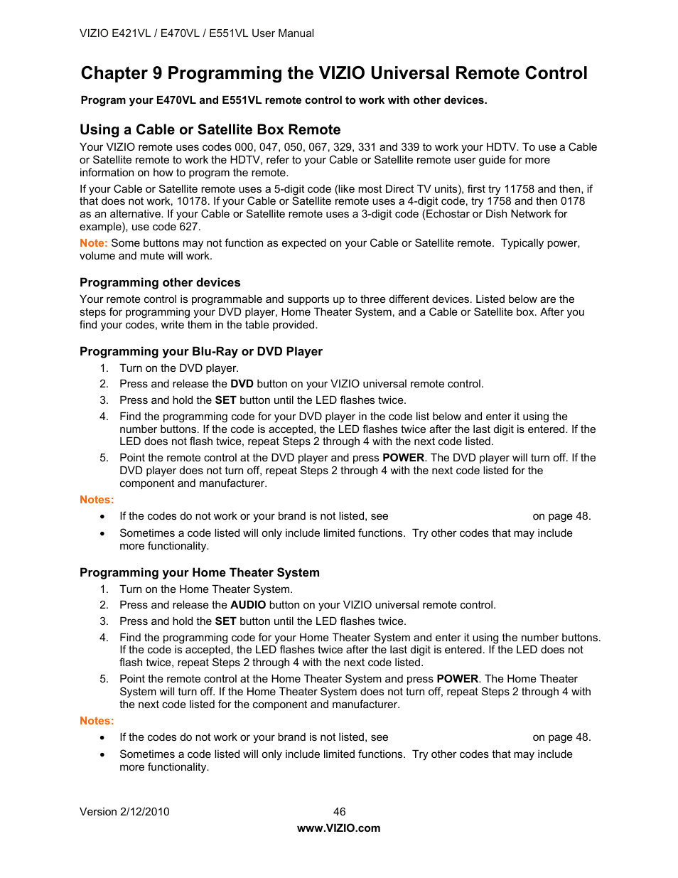 Programming the vizio universal remote control, Using a cable or satellite box remote, Programming other devices | Programming your blu-ray or dvd player, Programming your home theater system | Vizio E421VL User Manual | Page 47 / 69