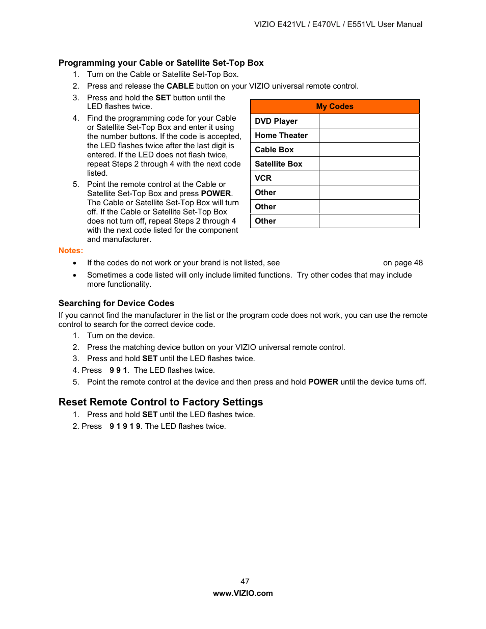 Programming your cable or satellite set-top box, Searching for device codes, Reset remote control to factory settings | Vizio E421VL User Manual | Page 48 / 69