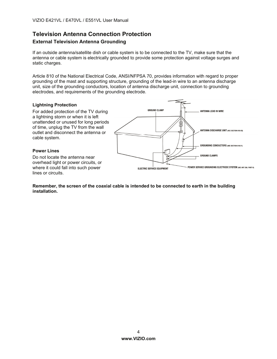 Television antenna connection protection | Vizio E421VL User Manual | Page 5 / 69