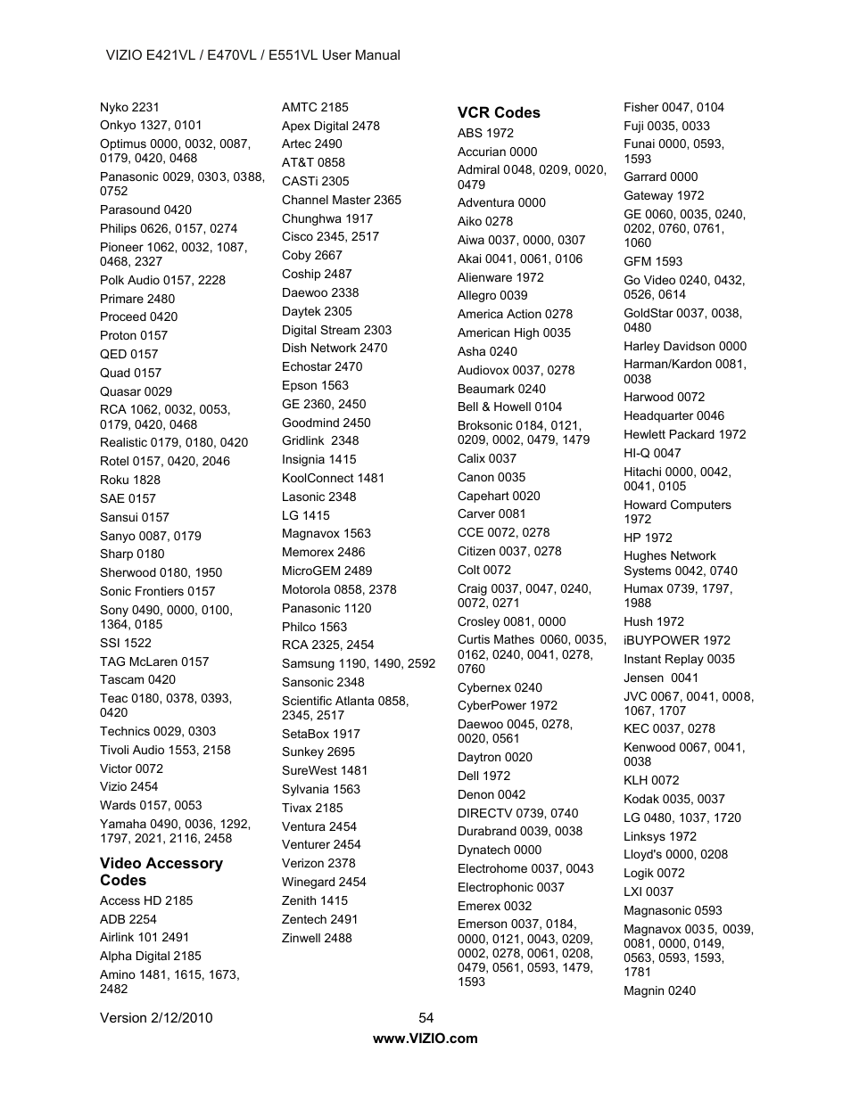 Video accessory codes, Vcr codes | Vizio E421VL User Manual | Page 55 / 69