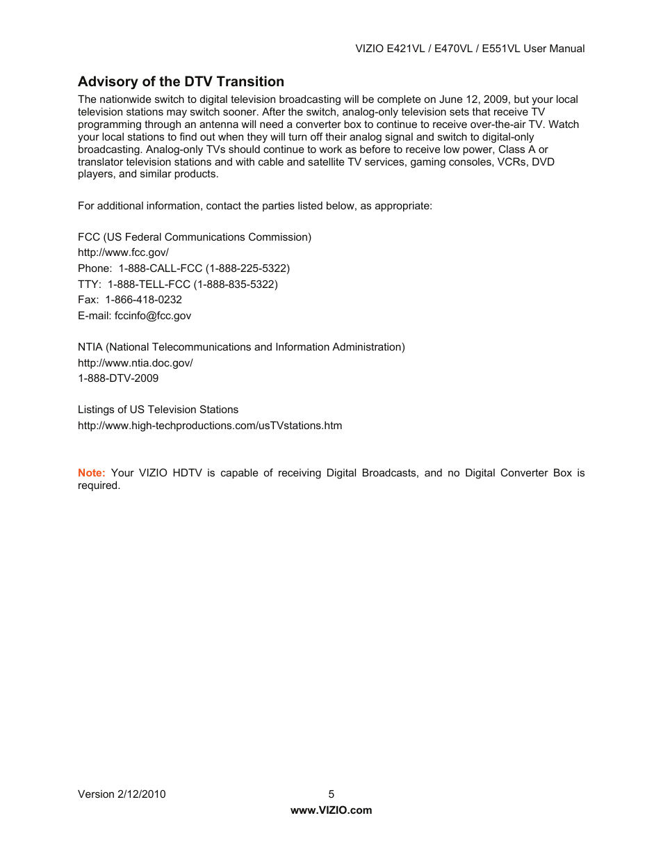 Advisory of the dtv transition | Vizio E421VL User Manual | Page 6 / 69