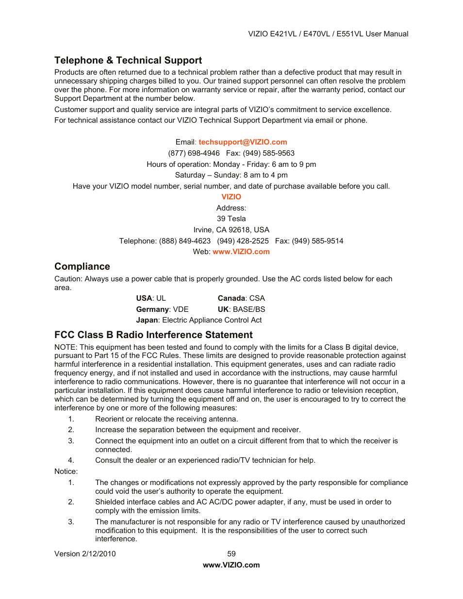 Telephone & technical support, Compliance, Fcc class b radio interference statement | Vizio E421VL User Manual | Page 60 / 69
