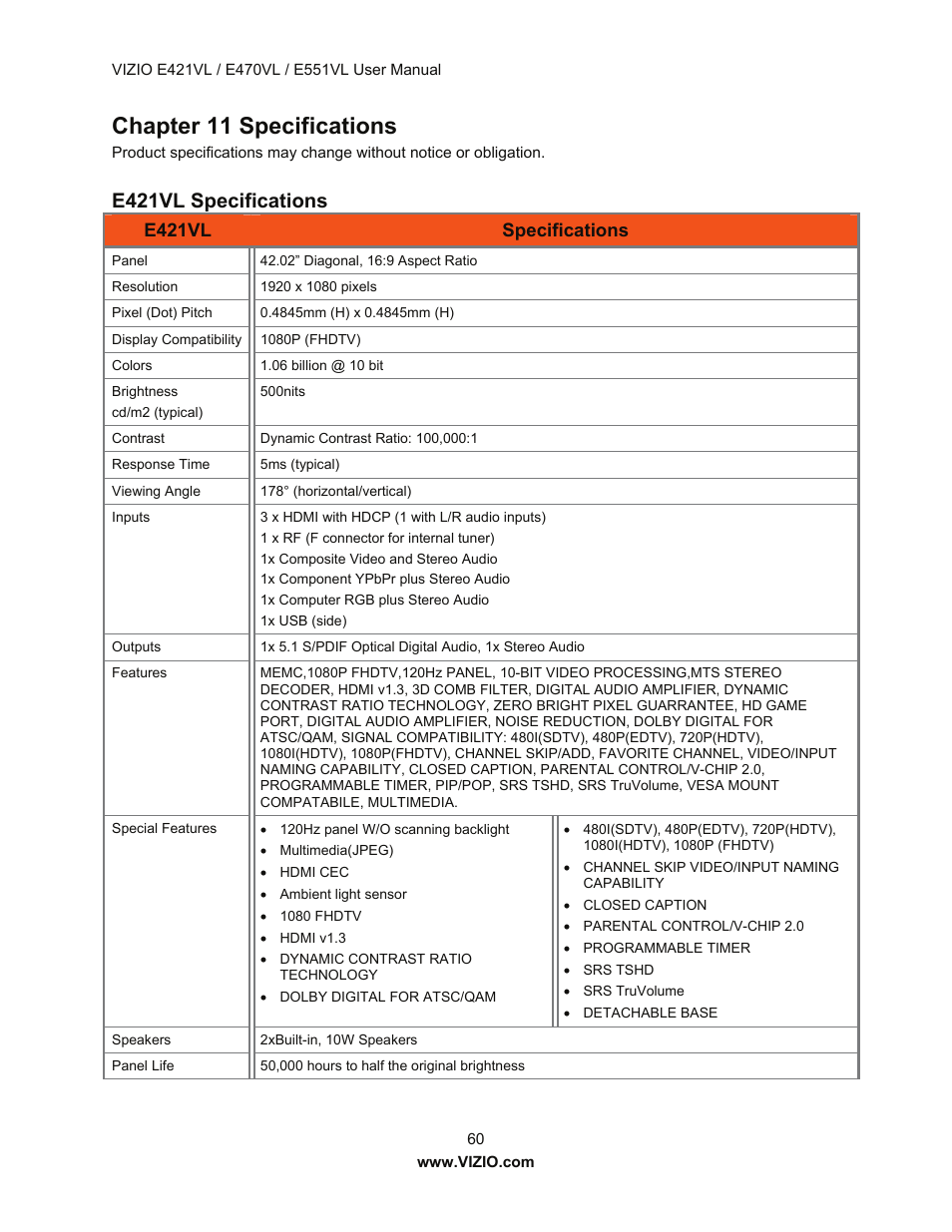 Chapter 11 specifications, E42 1vl specifications | Vizio E421VL User Manual | Page 61 / 69