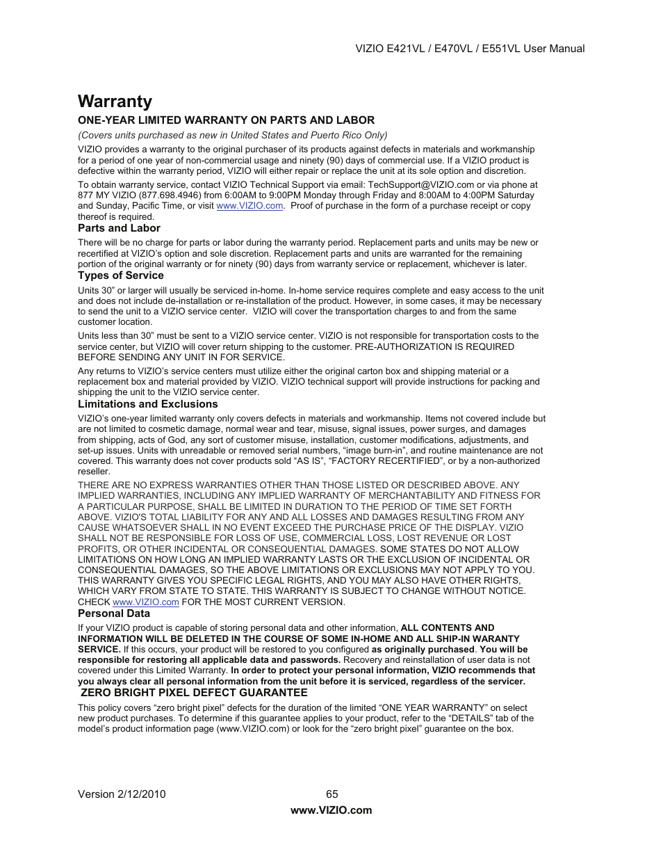 Warranty | Vizio E421VL User Manual | Page 66 / 69