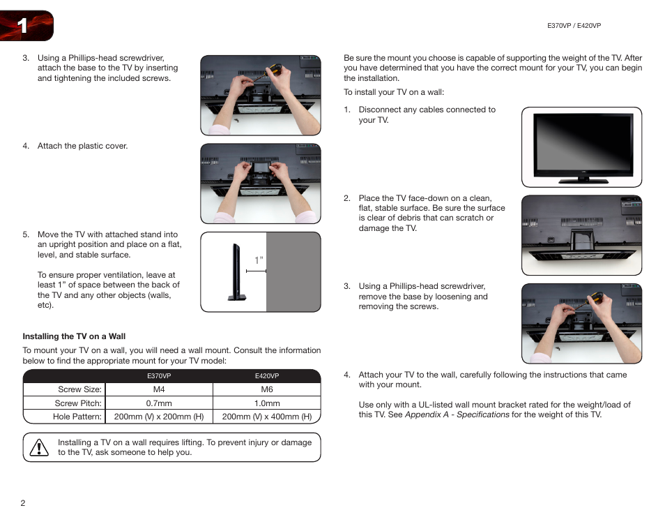 Installing the tv on a wall | Vizio E420VP User Manual | Page 10 / 45