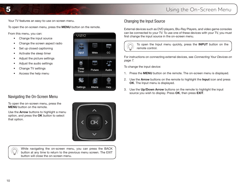 Using the on-screen menu, Navigating the on-screen menu, Changing the input source | Vizio E420VP User Manual | Page 18 / 45