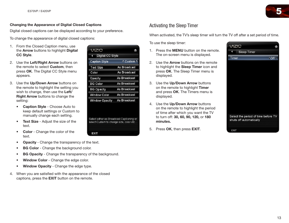 Changing the appearance of digital closed captions, Activating the sleep timer | Vizio E420VP User Manual | Page 21 / 45