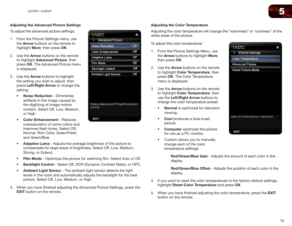 Adjusting the advanced picture settings, Adjusting the color temperature | Vizio E420VP User Manual | Page 23 / 45