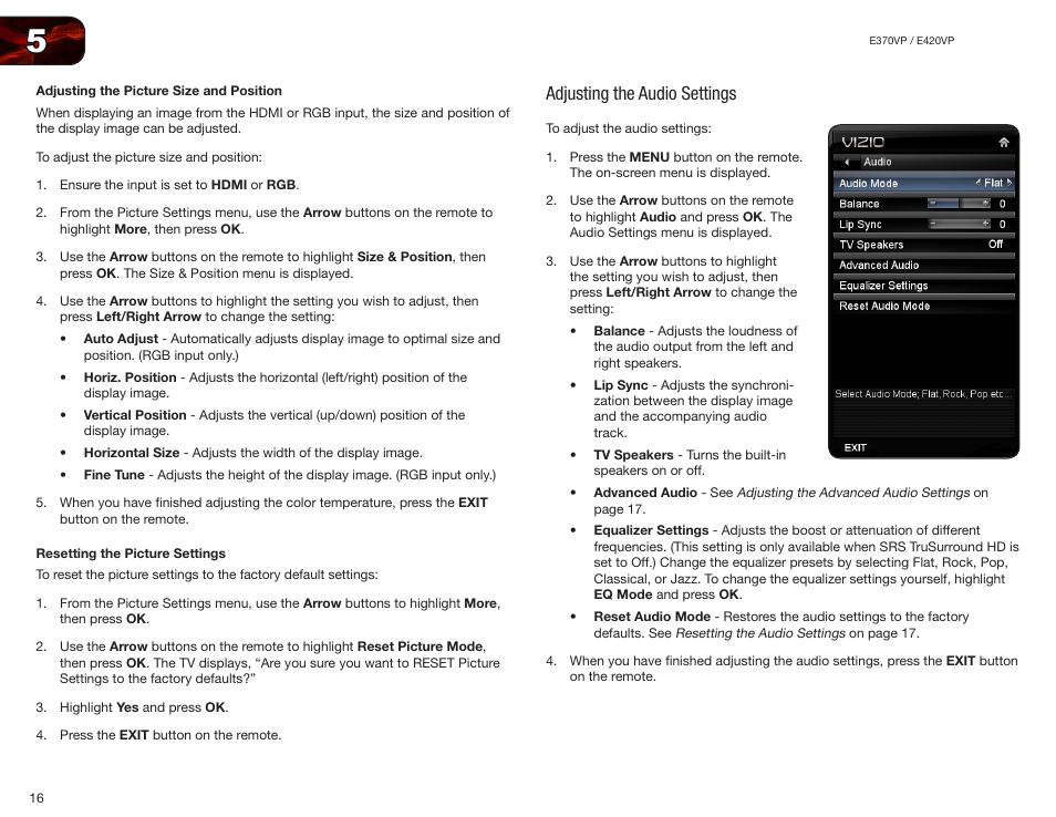 Adjusting the picture size and position, Resetting the picture settings, Adjusting the audio settings | Vizio E420VP User Manual | Page 24 / 45