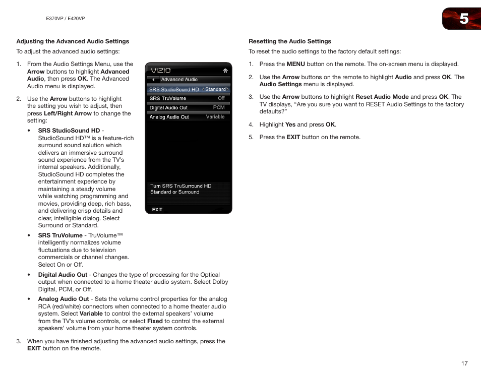 Adjusting the advanced audio settings, Resetting the audio settings, Adjusting the advanced audio settings on | Vizio E420VP User Manual | Page 25 / 45
