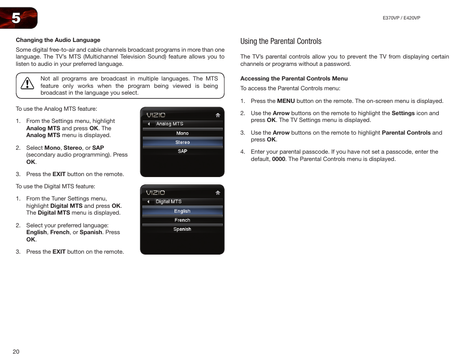 Changing the audio language, Using the parental controls, Accessing the parental controls menu | Vizio E420VP User Manual | Page 28 / 45