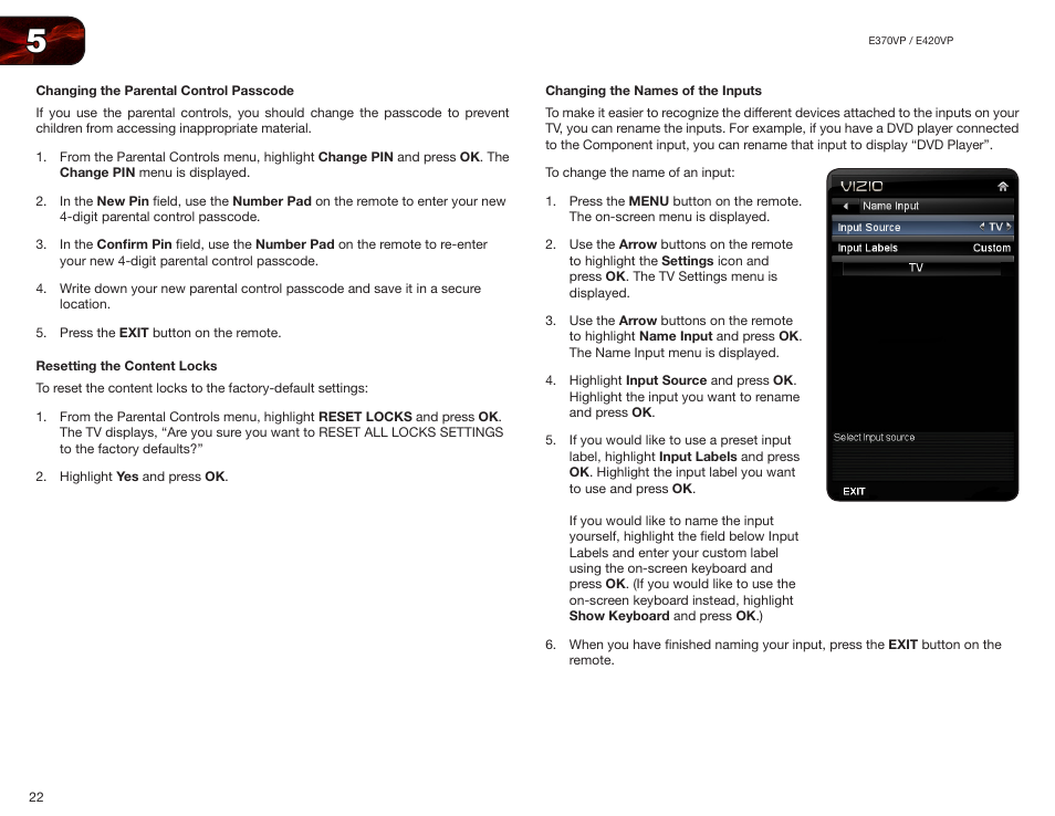 Changing the parental control passcode, Resetting the content locks, Changing the names of the inputs | Vizio E420VP User Manual | Page 30 / 45