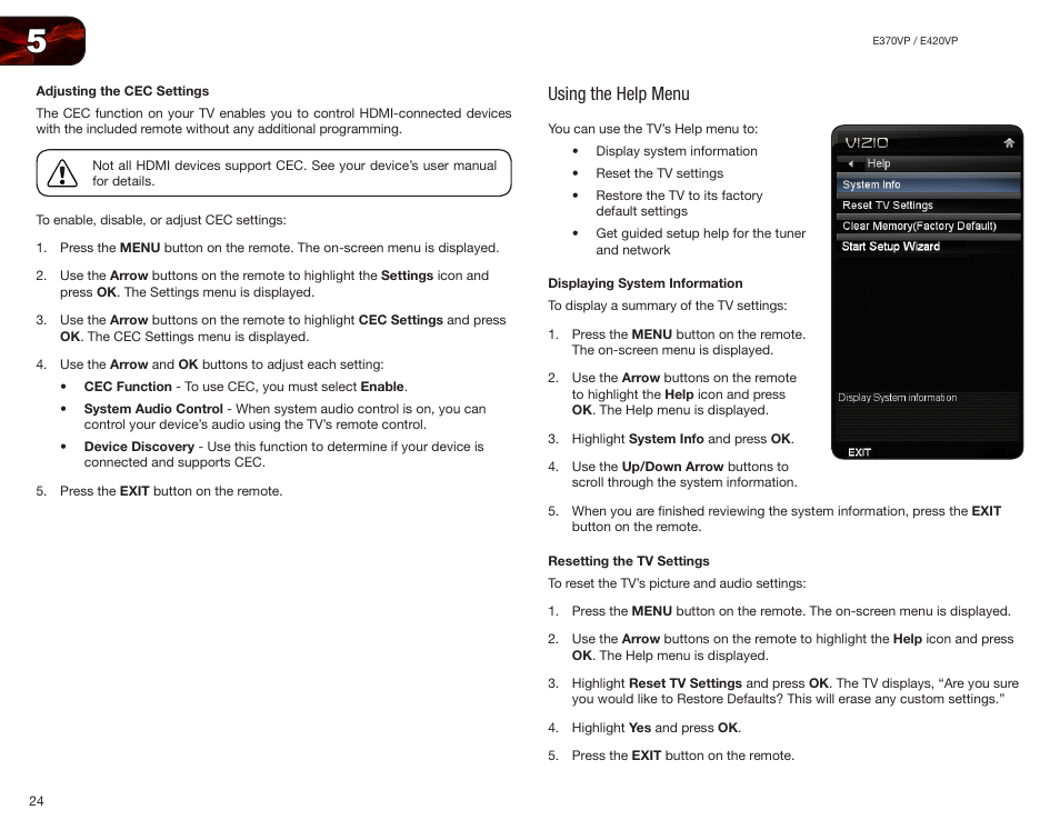 Adjusting the cec settings, Using the help menu, Displaying system information | Resetting the tv settings | Vizio E420VP User Manual | Page 32 / 45