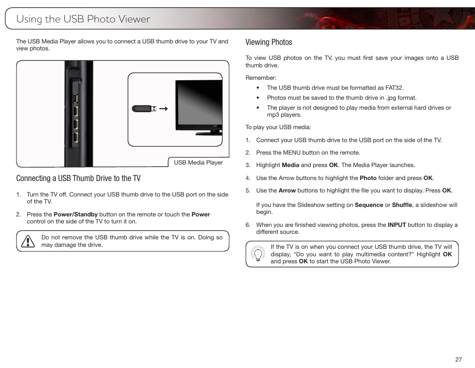 Using the usb photo viewer, Connecting a usb thumb drive to the tv, Viewing photos | Vizio E420VP User Manual | Page 35 / 45