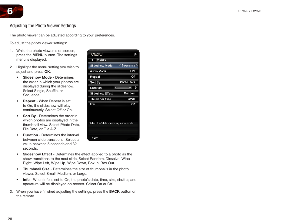 Adjusting the photo viewer settings | Vizio E420VP User Manual | Page 36 / 45