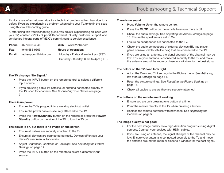 Troubleshooting & technical support, The tv displays “no signal, There is no power | There is no sound, The colors on the tv don’t look right, The buttons on the remote aren’t working, The image quality is not good | Vizio E420VP User Manual | Page 38 / 45