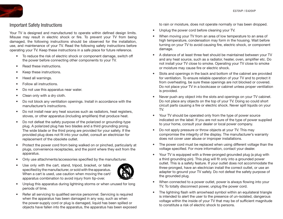 Important safety instructions | Vizio E420VP User Manual | Page 4 / 45